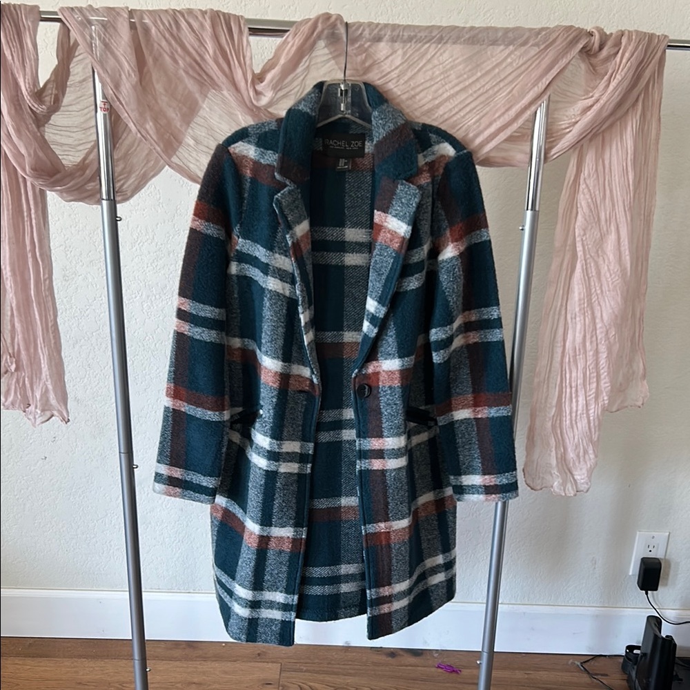 Rachel Zoe Plaid Coat in Blue, White, and Brown